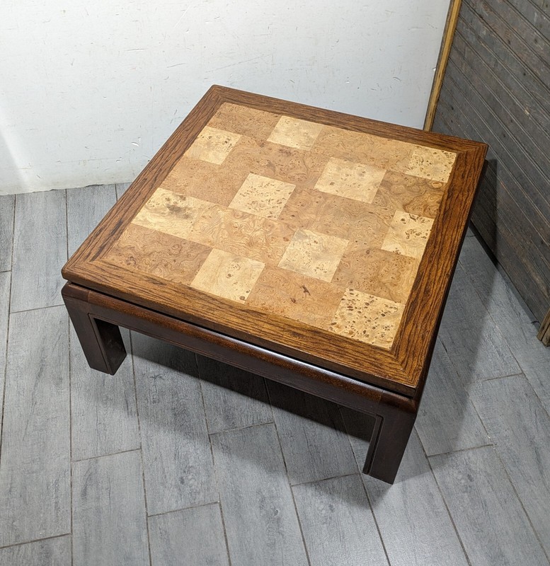Vintage Asian Ming Style Solid Wood Coffee Table Inlaid Burl Mosaic Parquet Top