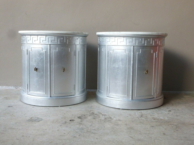 PAIR MID CENTURY HOLLYWOOD REGENCY MARBLE TOP SILVER LEAF GREEK KEY DRUM TABLES