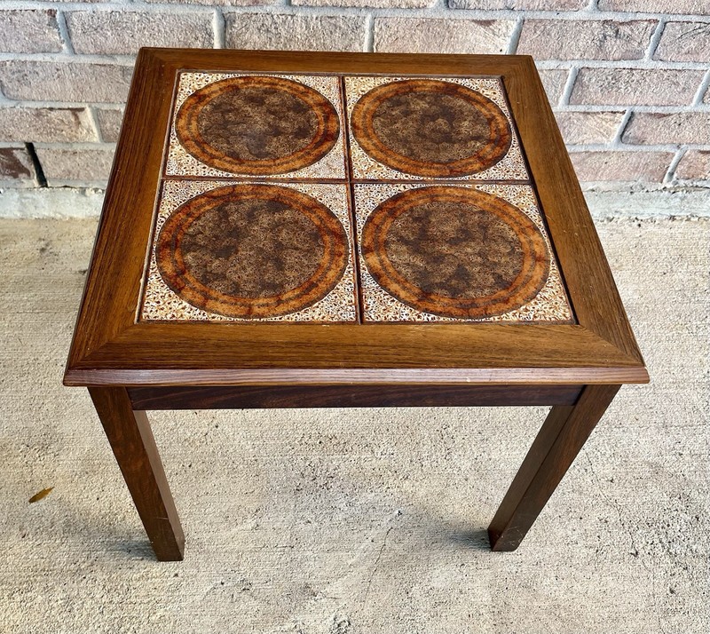 Danish Teak End Table with Four Ceramic Tiles Mid-Century