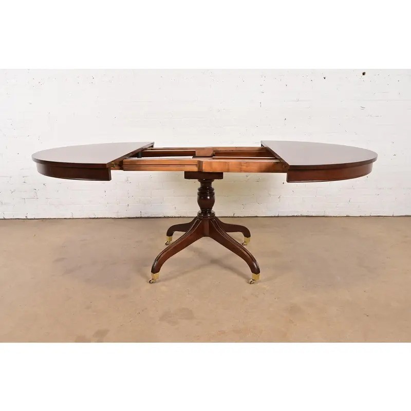 Baker Furniture Style Regency Banded Cherry Wood Pedestal Extension Dining Table gallery
