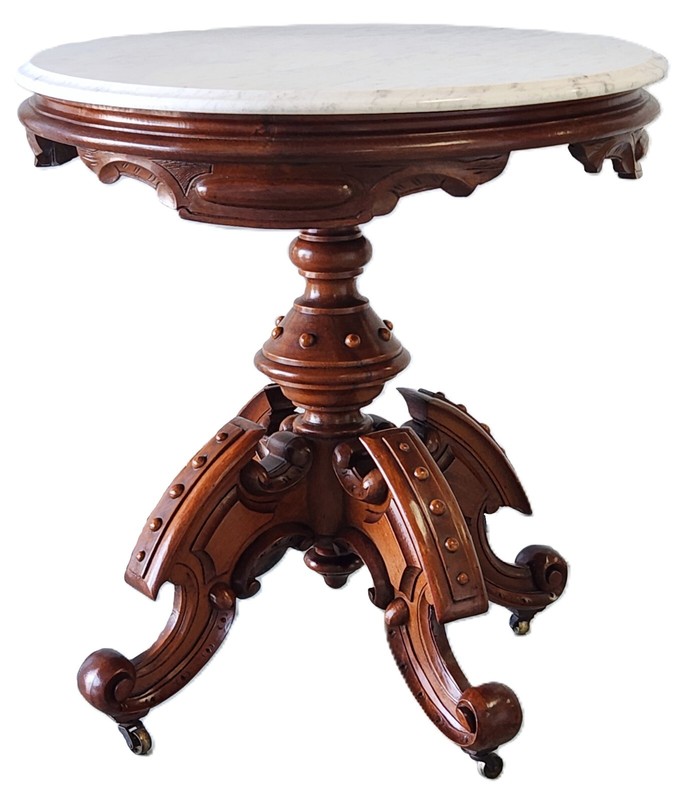 Center Parlor TABLE, Thomas Brooks, Renaissance Victorian, Marble, Pedestal,33"L gallery