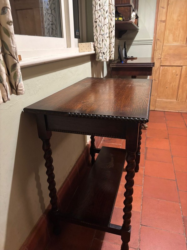 Antique Oak Side Table with Barley Twist Legs & Rare Lower Shelf gallery