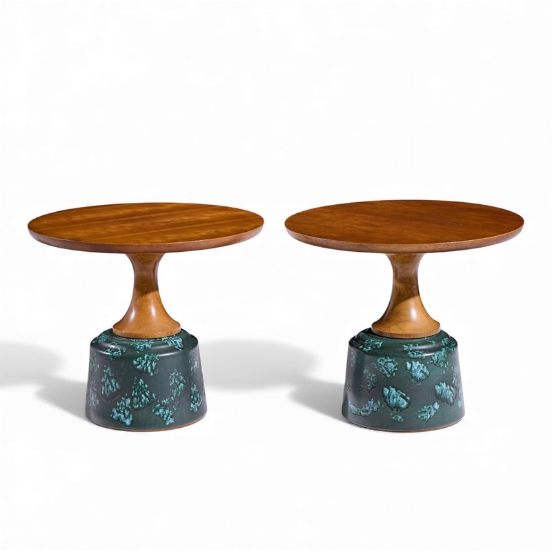 John Van Koert for Drexel Green Ceramic and Walnut Side End Tables – Pair