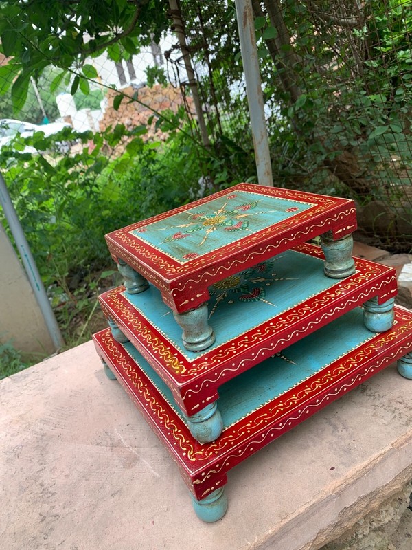 Painted Wooden Decorative Low Stool Handmade Pooja Chowki Set Embossed Gifting