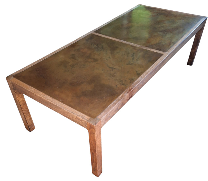 Harry Lunstead Walnut Coffee Table w/ Patinated Bronze Top Panels Vintage Craft
