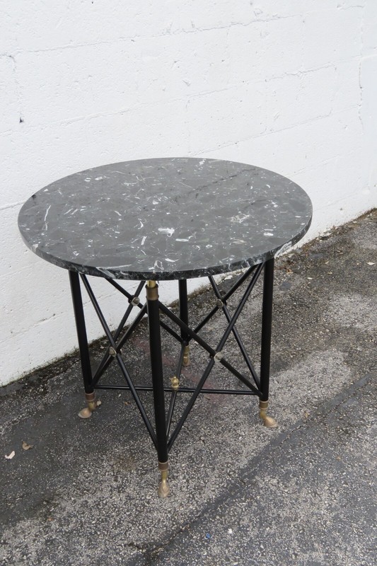 Hollywood Regency Stone Top Painted Black and Brass Metal Side Table 5327
