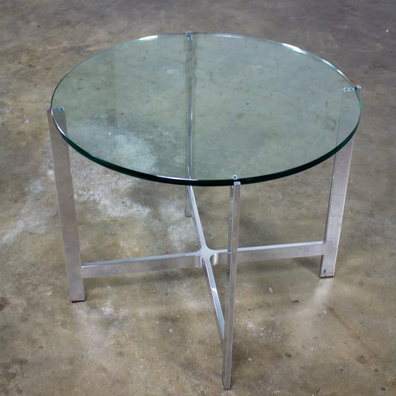 MCM to Modern End or Side Table Polished Solid Aluminum Base & Round Glass Top gallery