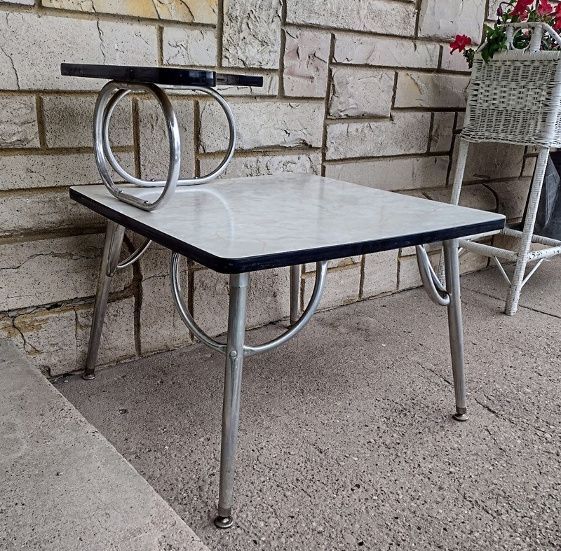 Vintage Atomic MCM Swedish Formica & Chrome Coffee & 2 Tier Step End Table Set gallery