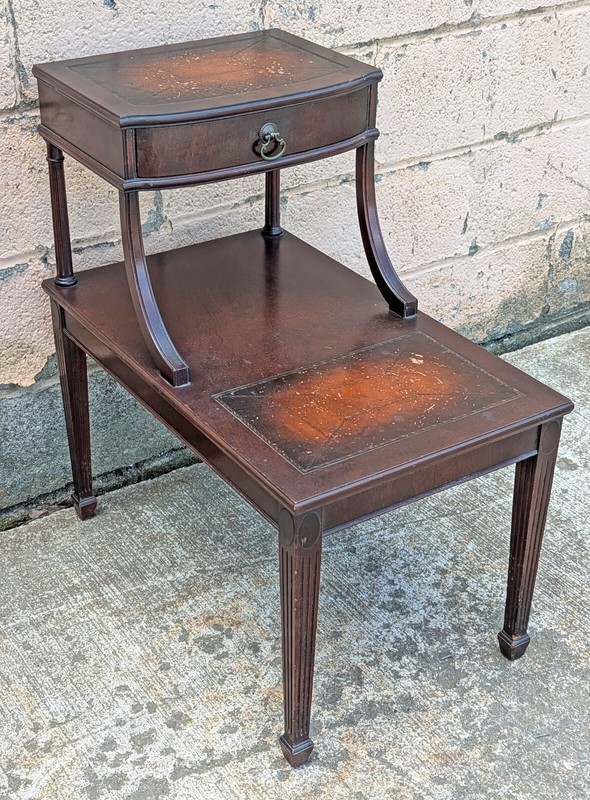 Antique Old Wood Wooden Leather Top 2 Tiers Coffee End Accent Side Table Drawer