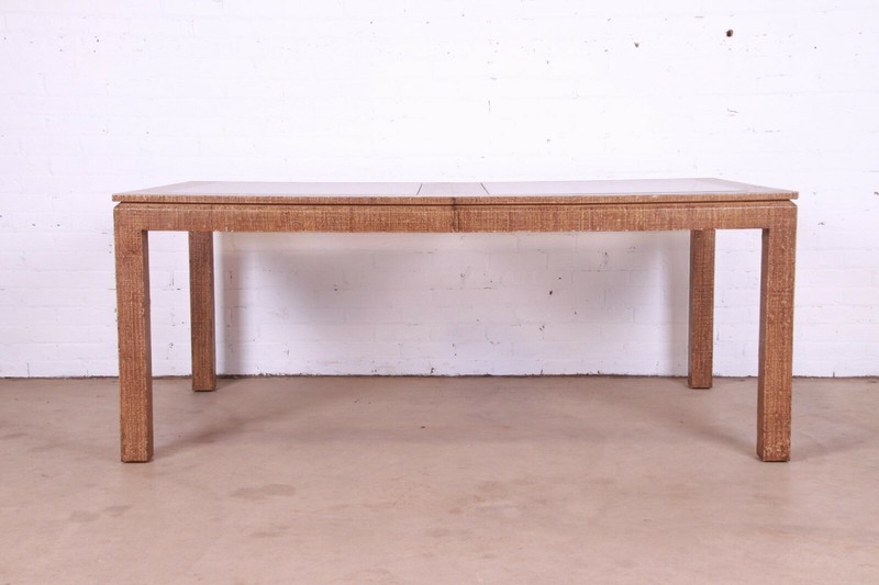 Karl Springer Attributed Mid-Century Lacquered Grasscloth Extension Dining Table gallery
