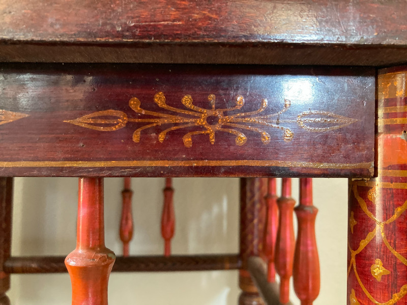 Vintage 18” Sankheda India Red and Gold End Table Lacquered Teak Marquetry Inlay gallery