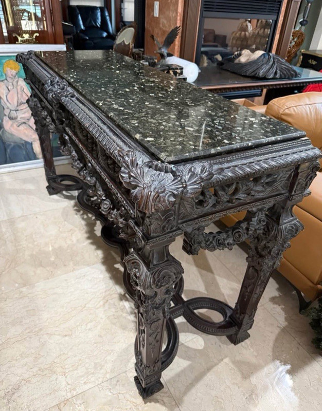 Monumental Hand-Carved Wood Console Table With Heavy Marble Top gallery