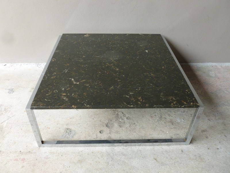 LARGE SLEEK 70’S ITALIAN STYLE ARCHITECTURAL CHROME AND MARBLE COFFEE TABLE