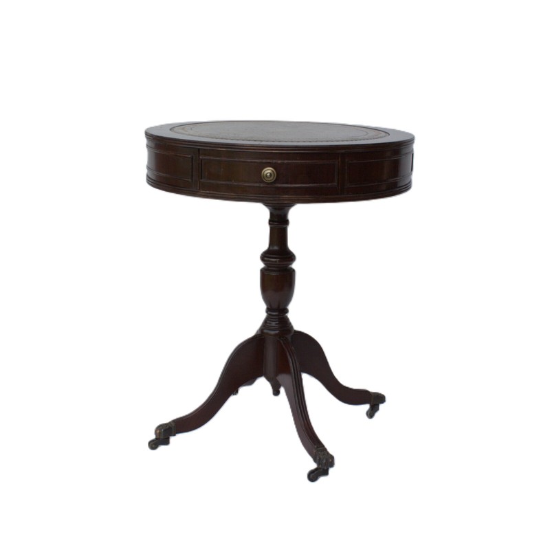Edwardian style wood drum table 2 drawers leather top brass claw legs furniture