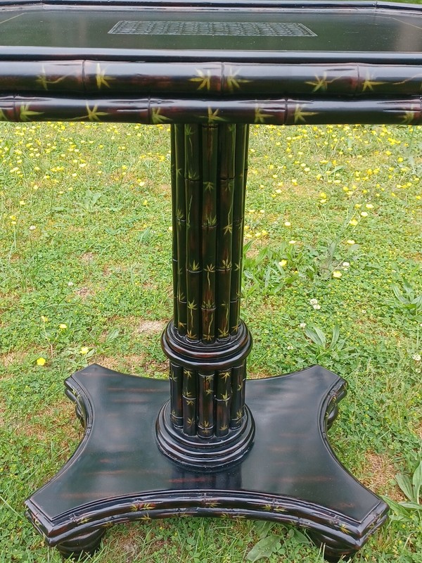 Maitland Smith Side Table Ebonized Faux Bamboo Leather Top Hand Painted Table gallery