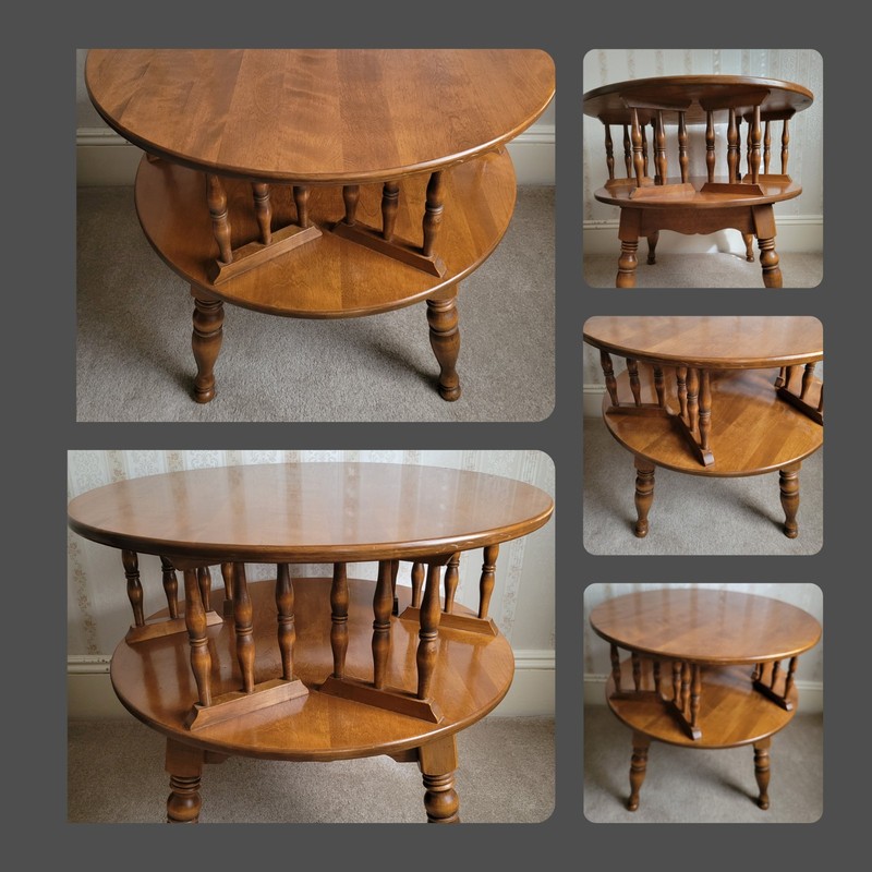 Antique Oval Wooden Side Table with Shelves, Spindle Legs, 30x30x25in, Brown