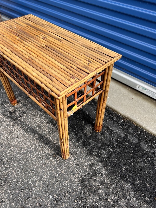 1970s Vintage Mcm Bamboo Side End Table Trellis Design Patio Table gallery
