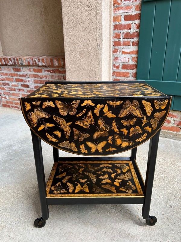 Vintage English Bar Cart Trolley Drop Leaf Chinoiserie Butterfly Lacquer Table gallery