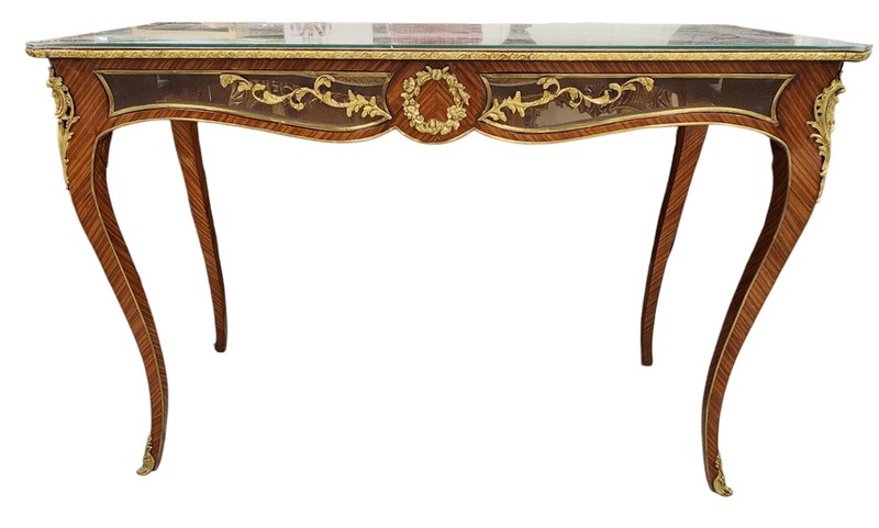 Louis XV Style Marquetry Console Table with Ormolu Mounts and Glass Top – 47.5″W