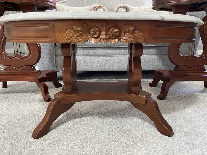Vintage Victorian Marble Top Tables, Anne Style w/Harp Base Parlor Table Set gallery