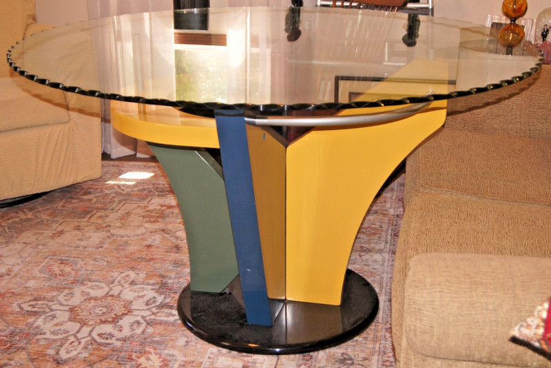 Post Modern Dining Table, Memphis Style Geometric Pedestal Base, Glass Top, 1987