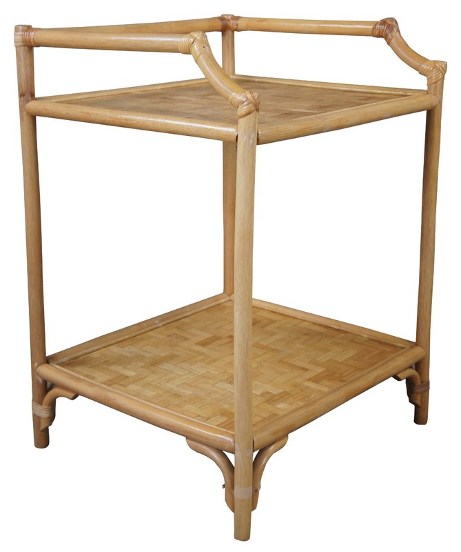 Vintage Bohemian Bamboo & Woven Rattan Etagere Side Table Plant Stand Boho Chic gallery
