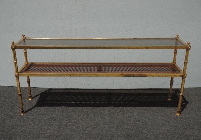 Vintage Hollywood Regency Gold Console Table Sofa Table w Cane Shelf gallery