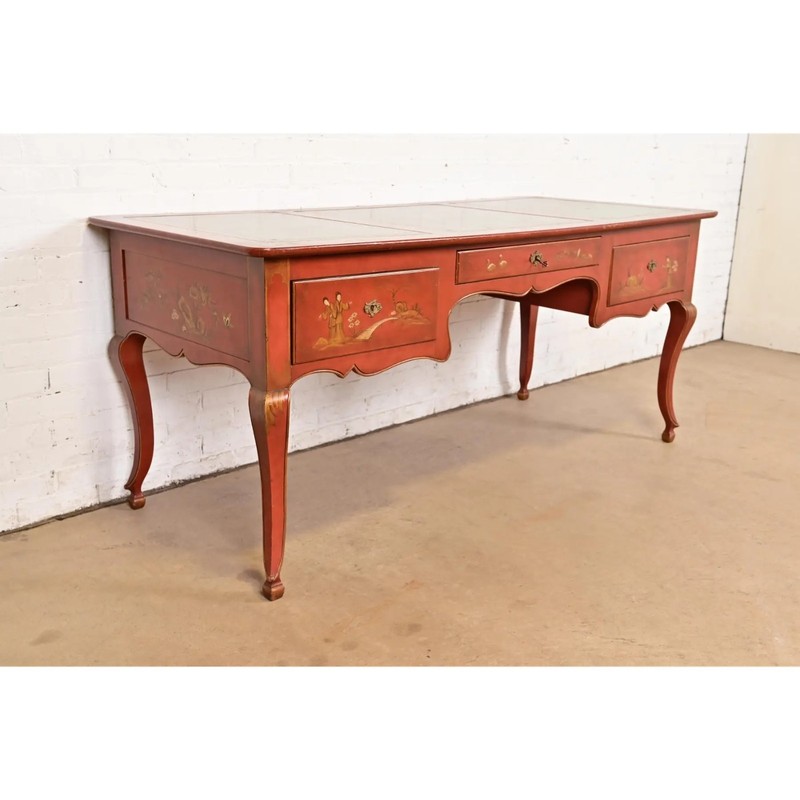 Baker Furniture French Regency Chinoiserie Red Lacquered Hand Painted Desk gallery