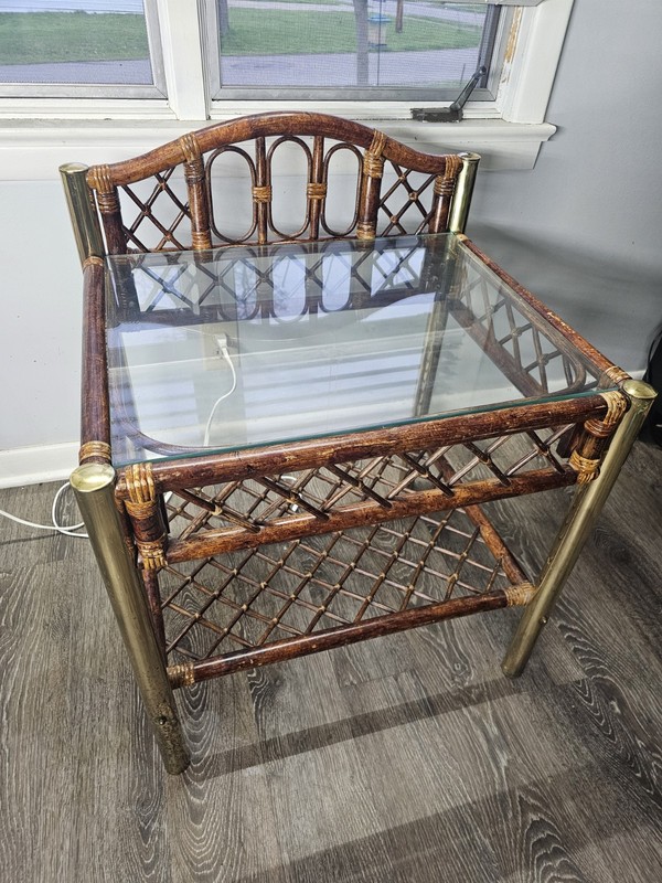 Vintage Bohemian Cane Wood Rattan Bamboo Side Table Brass Legs Glass Top W/ Back