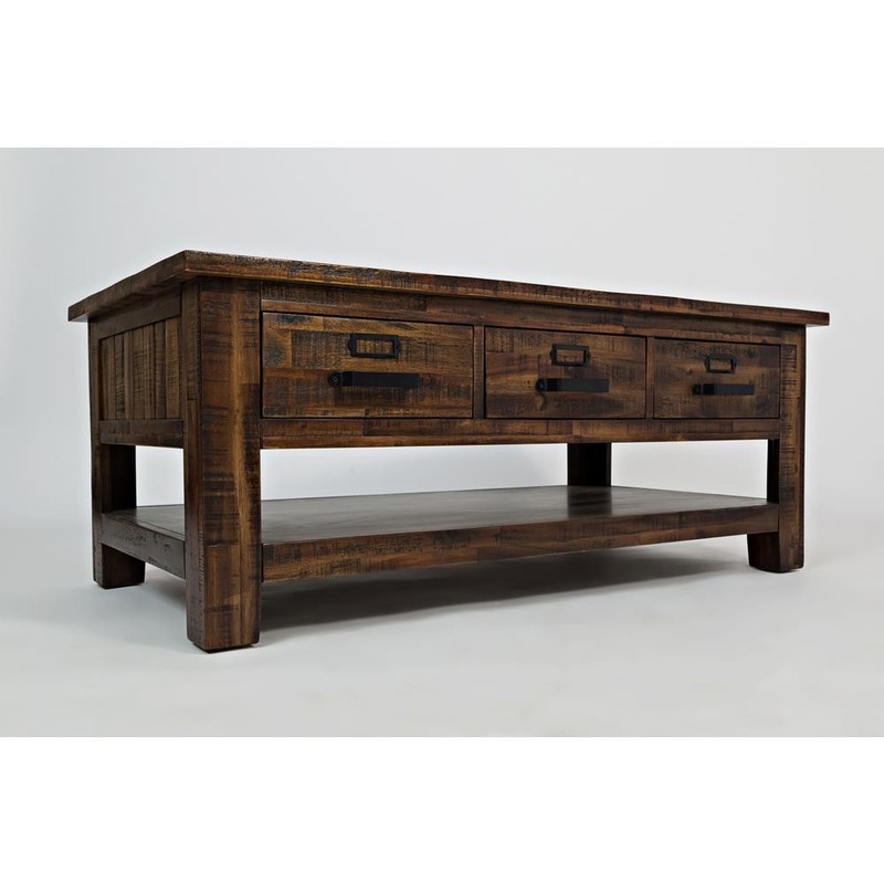 48-Inch Gray Coffee Table with Three Drawers, Acacia and MDF Construction