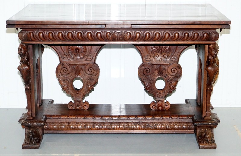 RARE 18TH CENTURY FRENCH WALNUT RENAISSANCE EXTENDING HIGH TABLE HEAVILY CARVED gallery