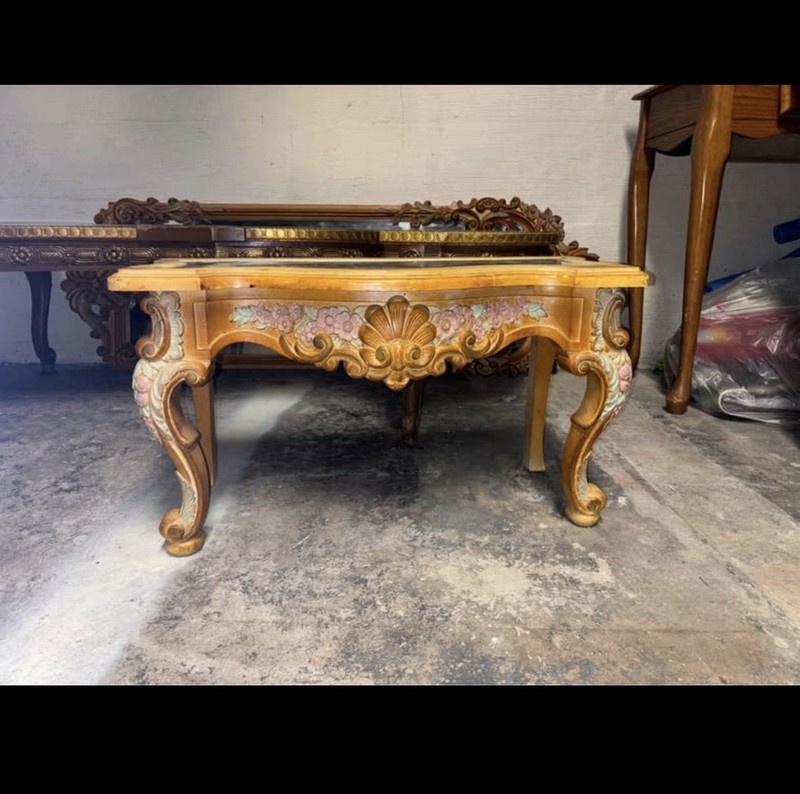 vintage Italian Provincial French Rococo style carved wood table w/ mirror gallery