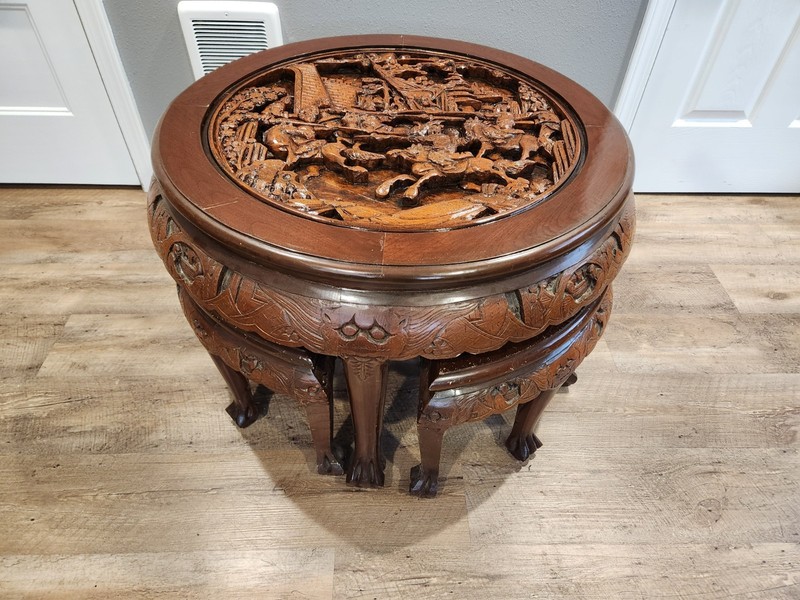 Antique Oriental Coffee Table With Glass Top and 4 Stools