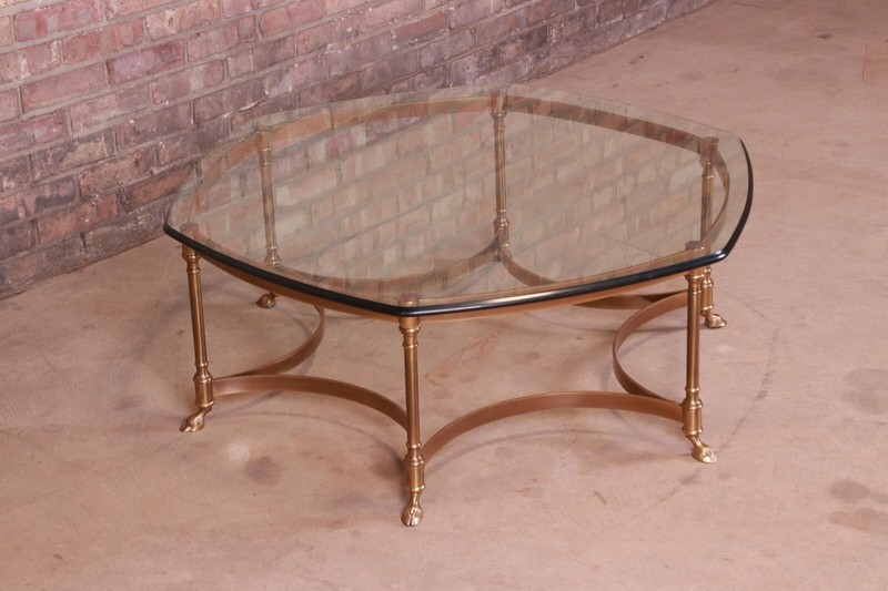 Labarge Hollywood Regency Brass and Glass Hooved Feet Cocktail Table, Circa 1960 gallery