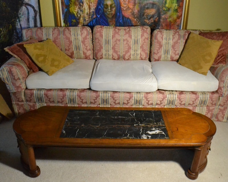 French Louis XV Victorian Style Carved Wood Marble Top Inlay Coffee Table Long gallery