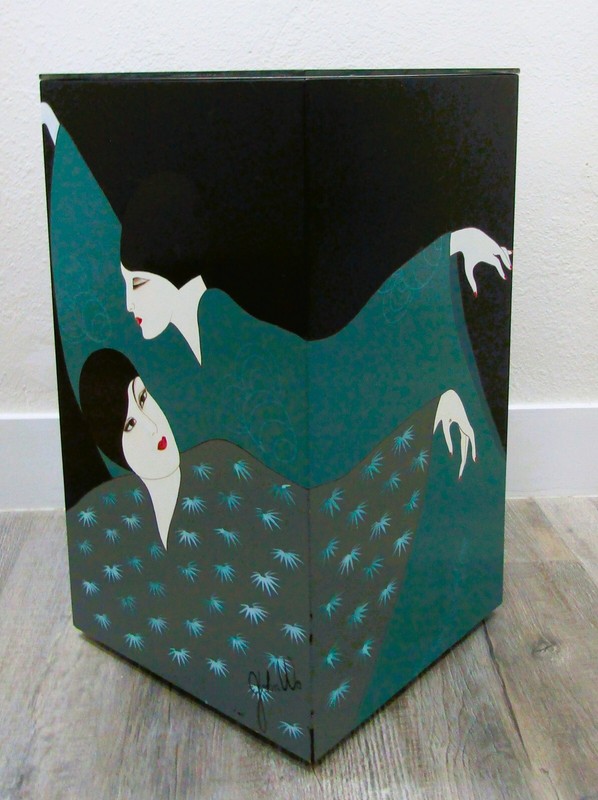 Vintage Asian Art Deco Style Painted Pedestal Side Table By John Wo 24.5" Tall