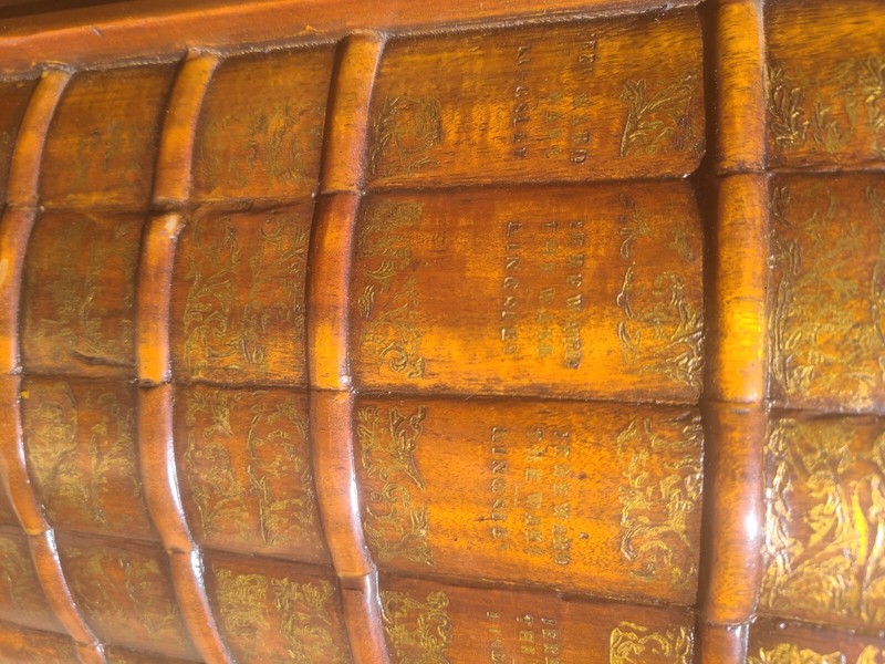 Theodore Alexander accent table, round, walnut with leather top. Pepys Diary gallery