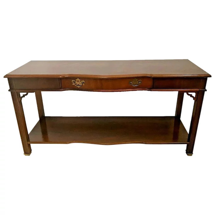 Vintage Bassett Sofa Console Table Drawer Bottom shelf Chinese Chippendale