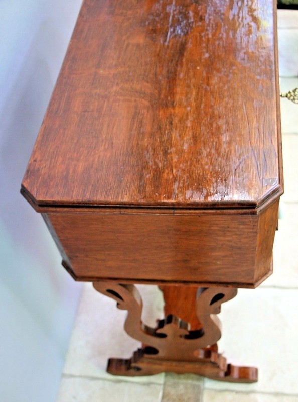 Antique Tiger Oak Victorian Sewing Work Stand Desk Two Locking Drawers with Key gallery