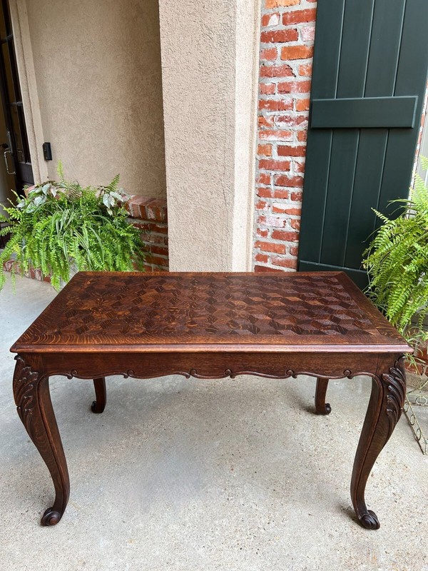 Antique French Breakfast Sofa Table Writing Desk Louis XV Carved Oak Parquet