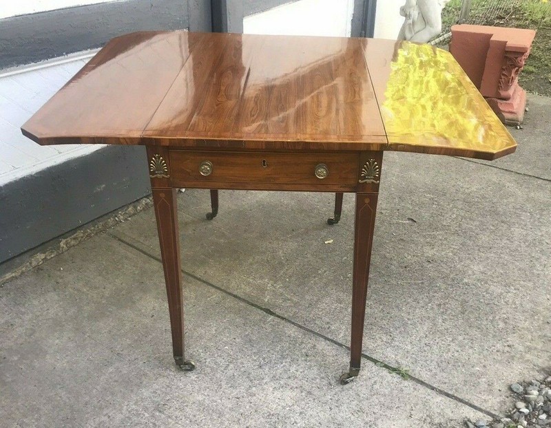 ANTIQUE EUROPEAN ROSEWOOD DROP LEAF SABRE LEG TABLE 2 DRAWER STAND gallery