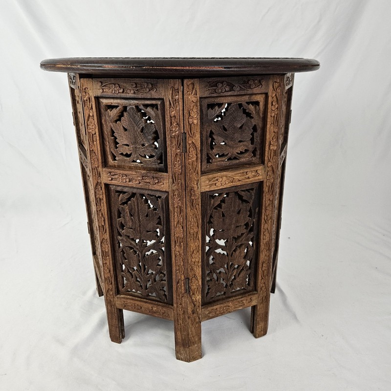 Vintage MCM Carved Octagon Folding Teak Wood Table Plant Stand Moroccan Boho gallery
