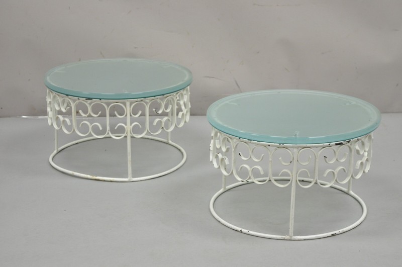 Arthur Umanoff Wrought Iron Scroll Low Round Glass Top Side Tables - a Pair gallery