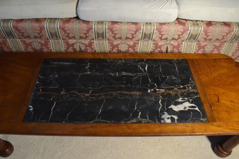 French Louis XV Victorian Style Carved Wood Marble Top Inlay Coffee Table Long gallery