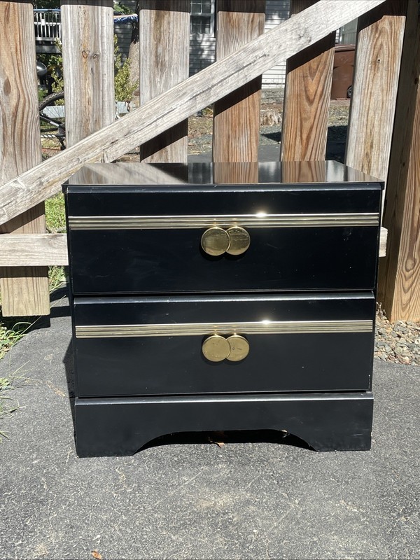 Postmodern 1980’s Side Bed Table Black Lacquer Laminate and Gold