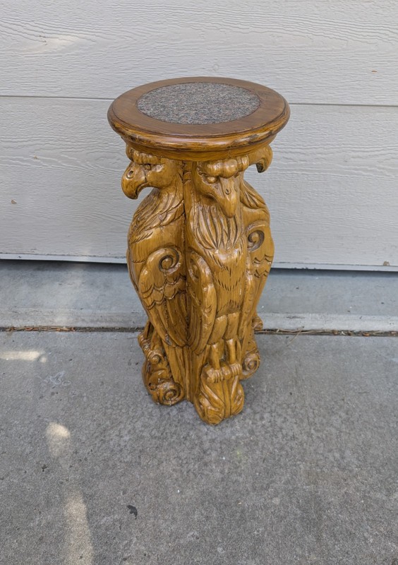 Vintage Hand Carved Eagle Sculpture Pedestal Plant Stand Table Round Granite Top