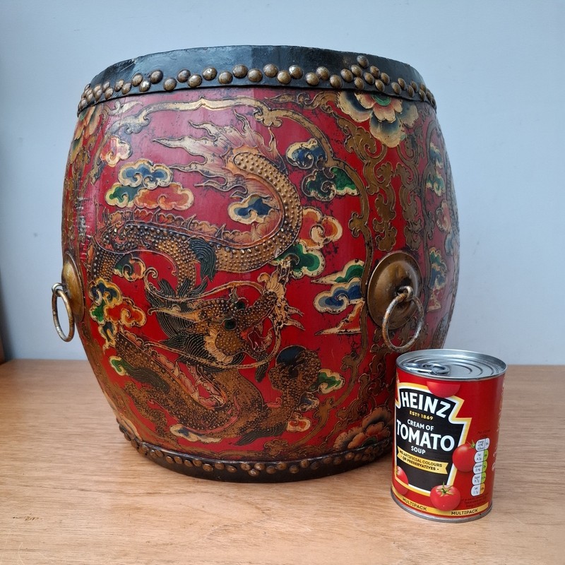 Vintage Antique Style Tibetan Ceremonial Drum Table Handpainted Dragon Wood gallery