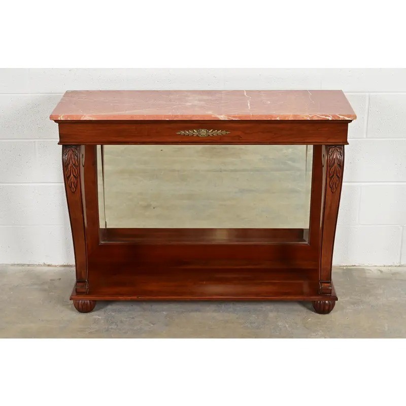 Ethan Allen French Empire Carved Cherry Wood Marble Top Console Table gallery