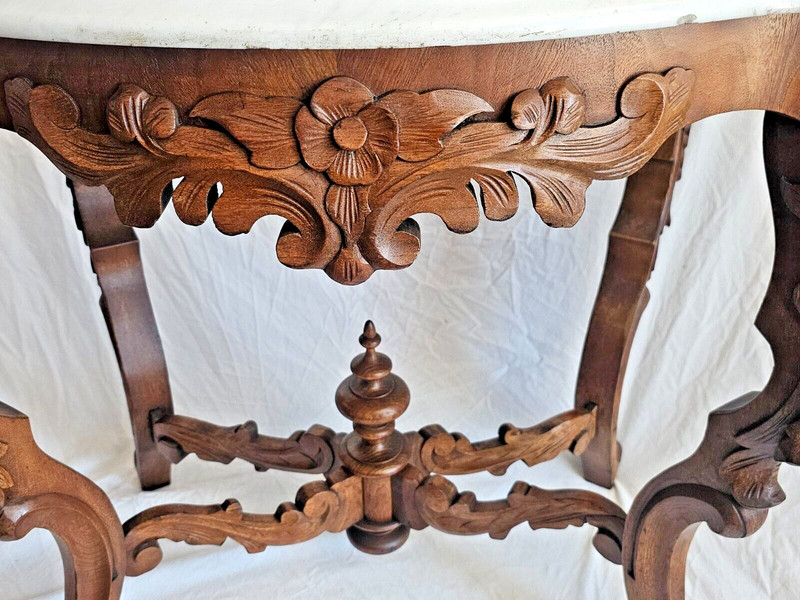 Victorian White Marble Top Rococo Flower Carved Walnut Parlor Table Circa 1880s gallery