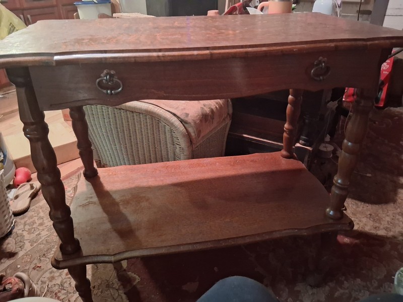 Antique Wooden Accent Table with Drawer, Carvings, Turned Legs, Lower Shelf gallery